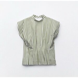 Zara Womens Striped White Green Mock Neck Cap Sleeve Media Blouse Size M NWT